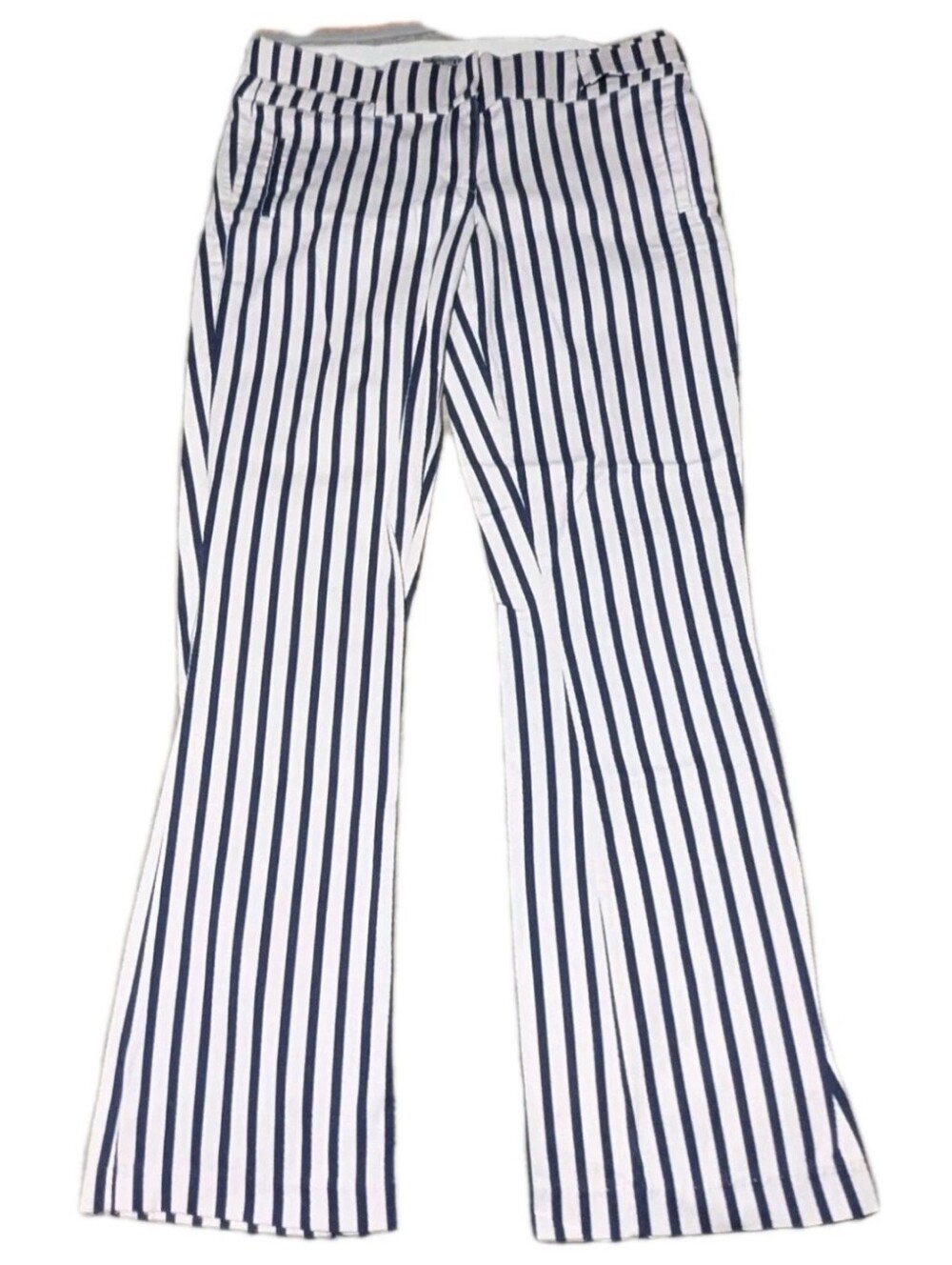 XOXO Bell Bottom Pants Womens Sz 7/8 Navy Blue Nautical Stripe Slimming Stretch